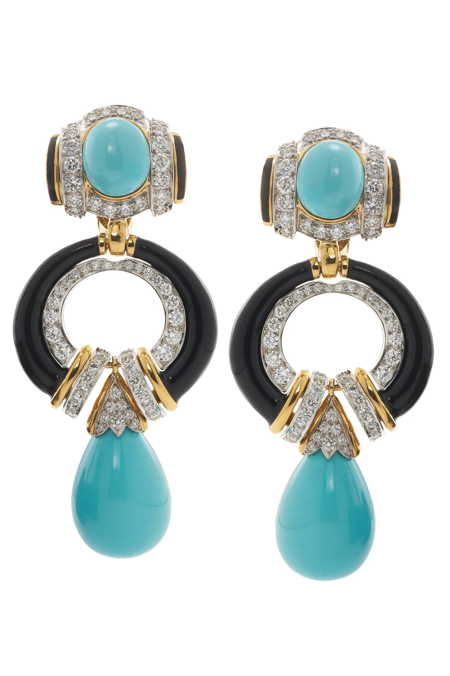 DAVID WEBB-Black Enamel and Turquoise Earrings-YELLOW GOLD