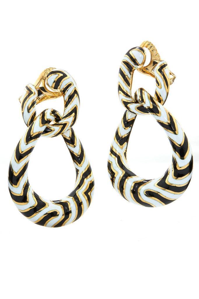 Black White Zebra Stripe Double Hoop Earrings-YELLOW GOLD-JEWELRYFINE JEWELEARRING-DAVID WEBB