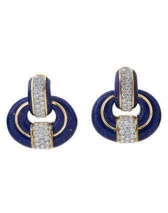 DAVID WEBB-Blue Enamel Doorknocker Earrings-YELLOW GOLD