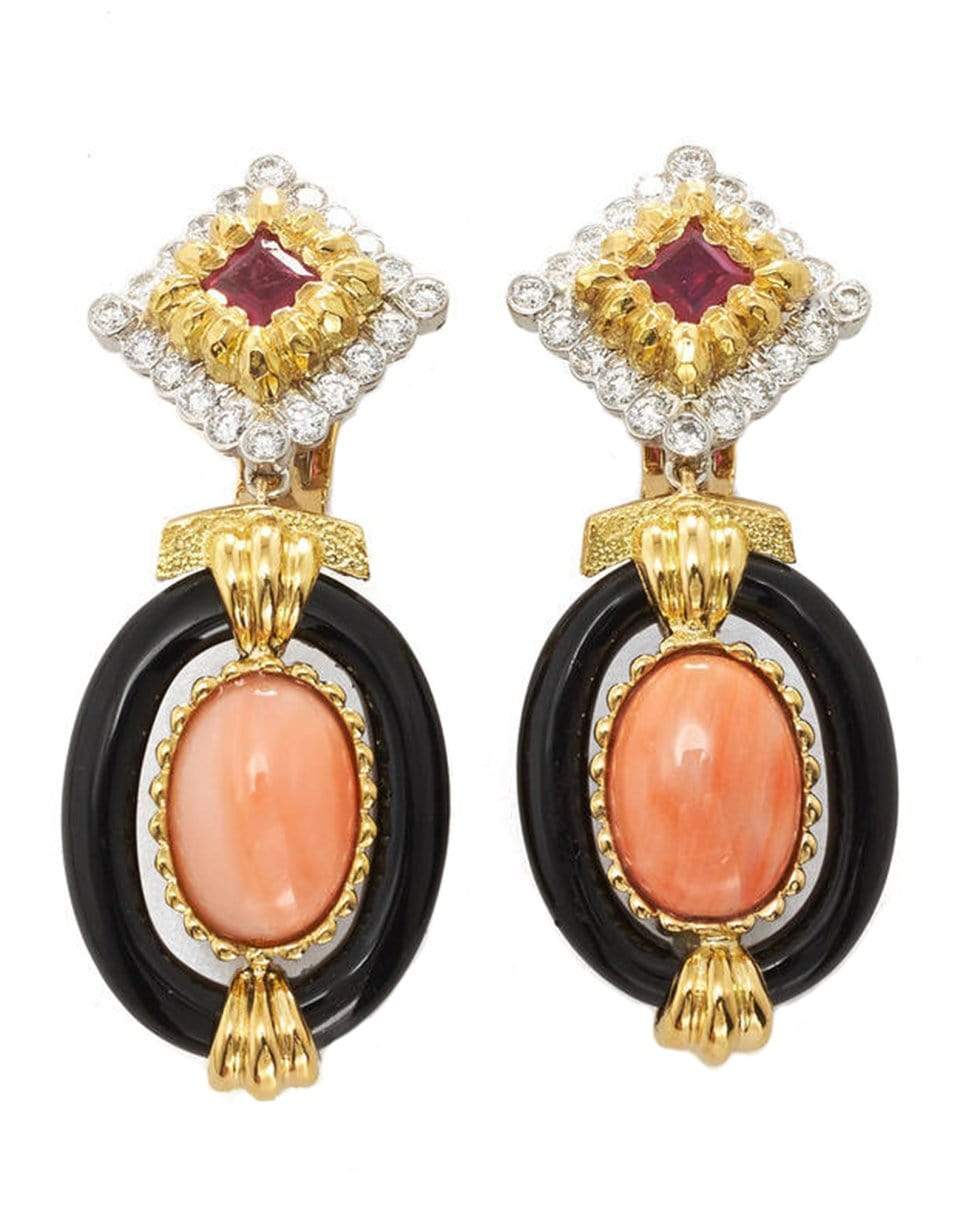 DAVID WEBB-Cabochon Angelskin Coral And Black Onyx Earrings-YELLOW GOLD