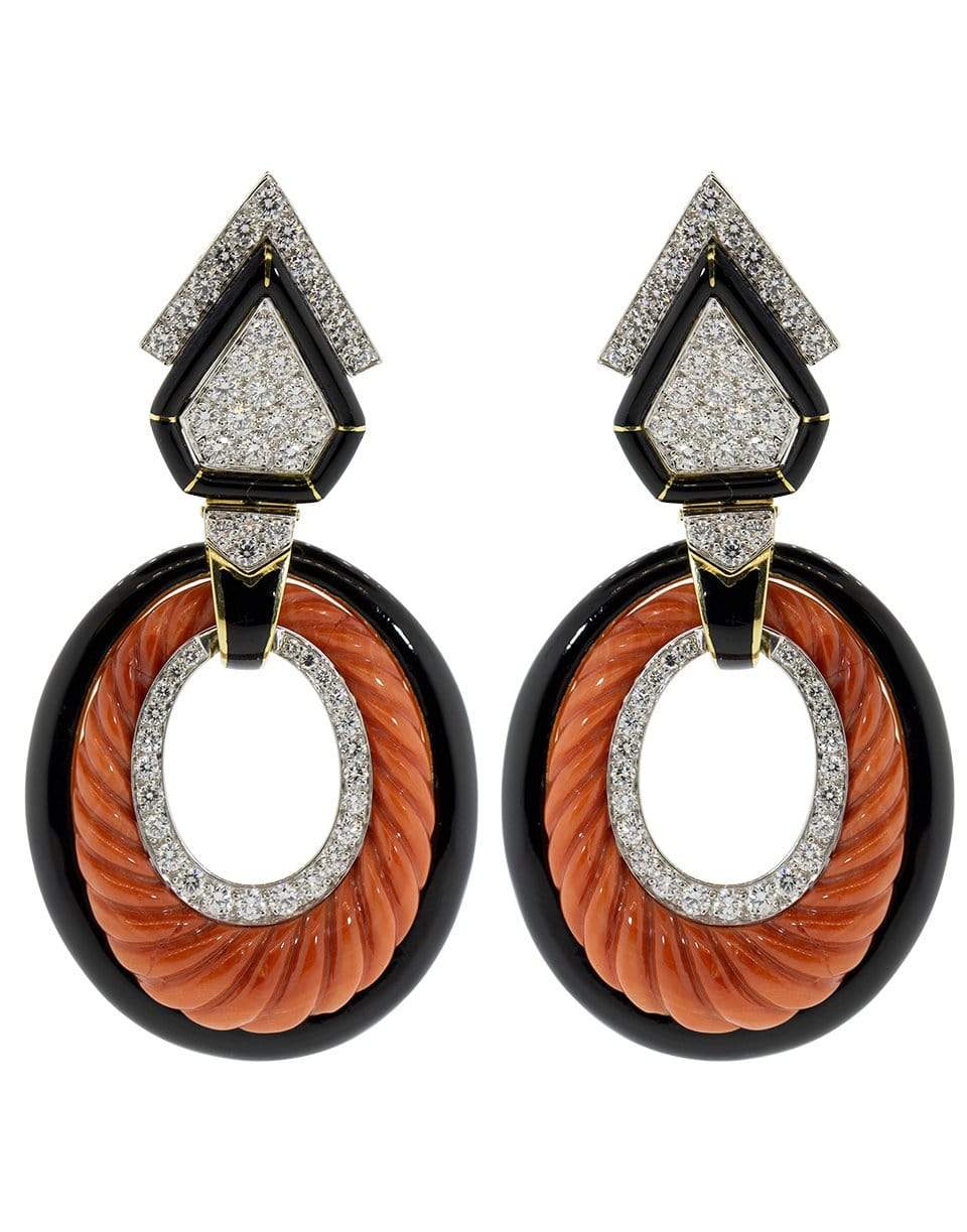 DAVID WEBB-Carved Coral and Black Enamel Hoops-YELLOW GOLD