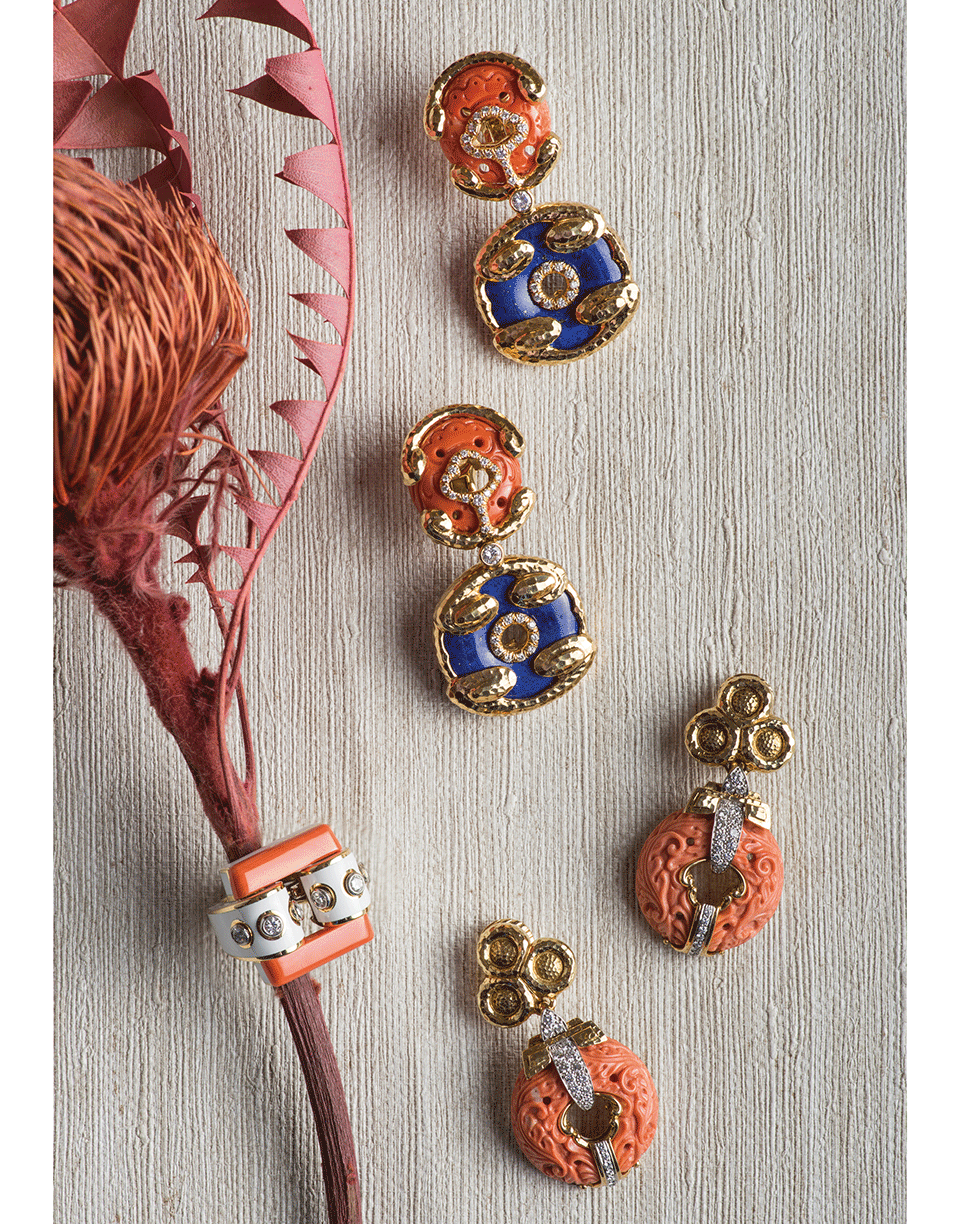 DAVID WEBB-Carved Coral and Diamond Earrings-YELLOW GOLD
