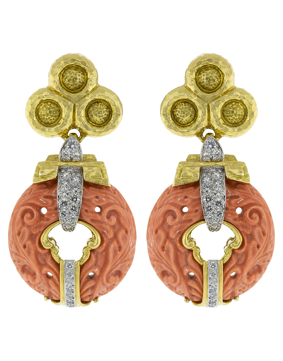DAVID WEBB-Carved Coral and Diamond Earrings-YELLOW GOLD