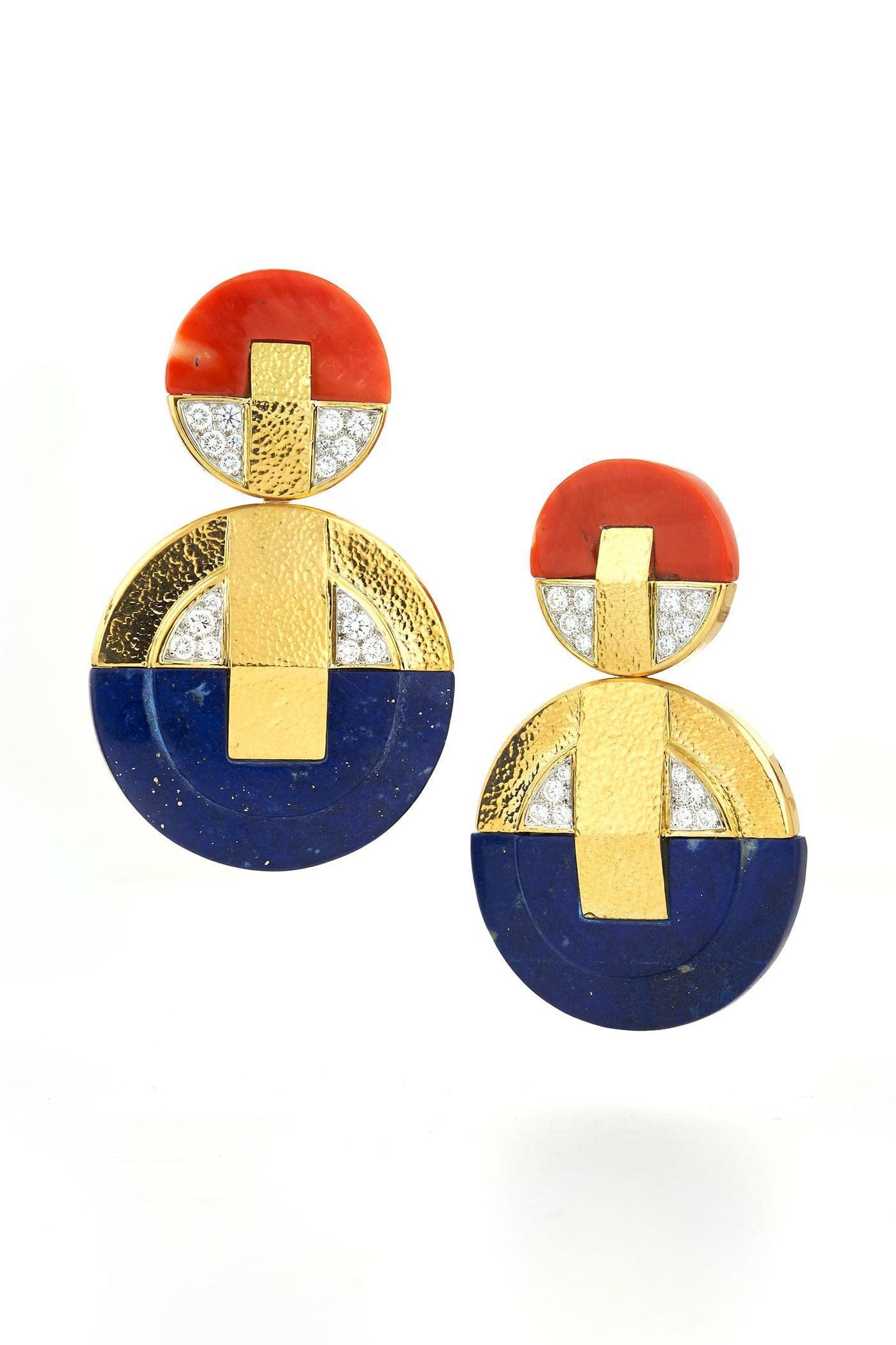 DAVID WEBB-Carved Lapis Disk Earrings-YELLOW GOLD