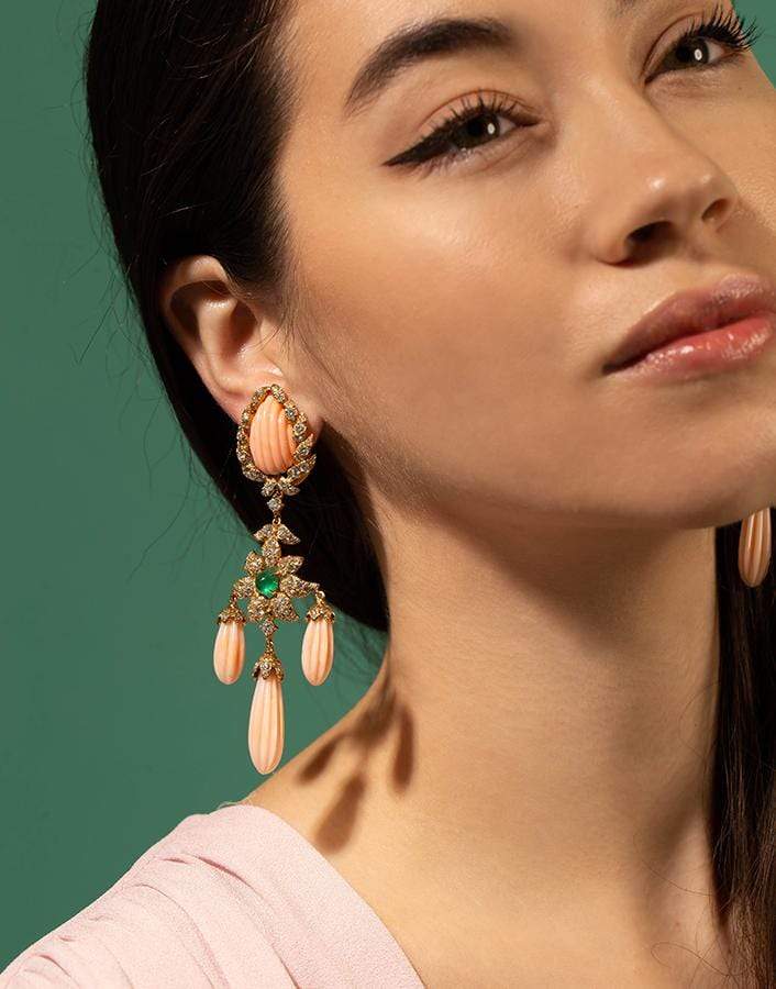 DAVID WEBB-Chandelier Coral and Diamond Earrings-YELLOW GOLD