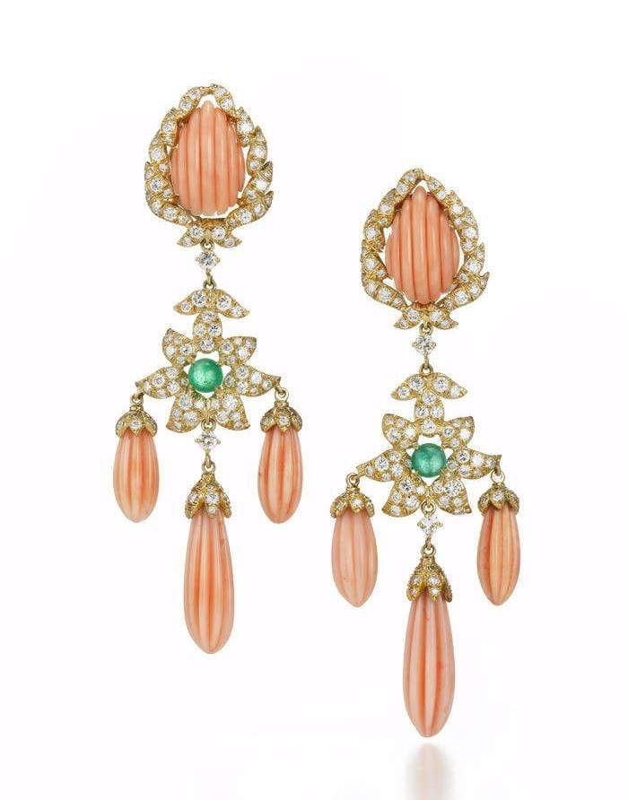 DAVID WEBB-Chandelier Coral and Diamond Earrings-YELLOW GOLD