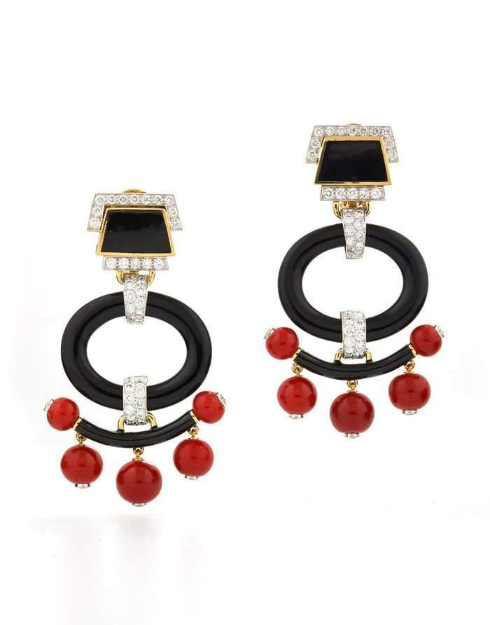 DAVID WEBB-Coral and Black Enamel Pagoda Earrings-YELLOW GOLD