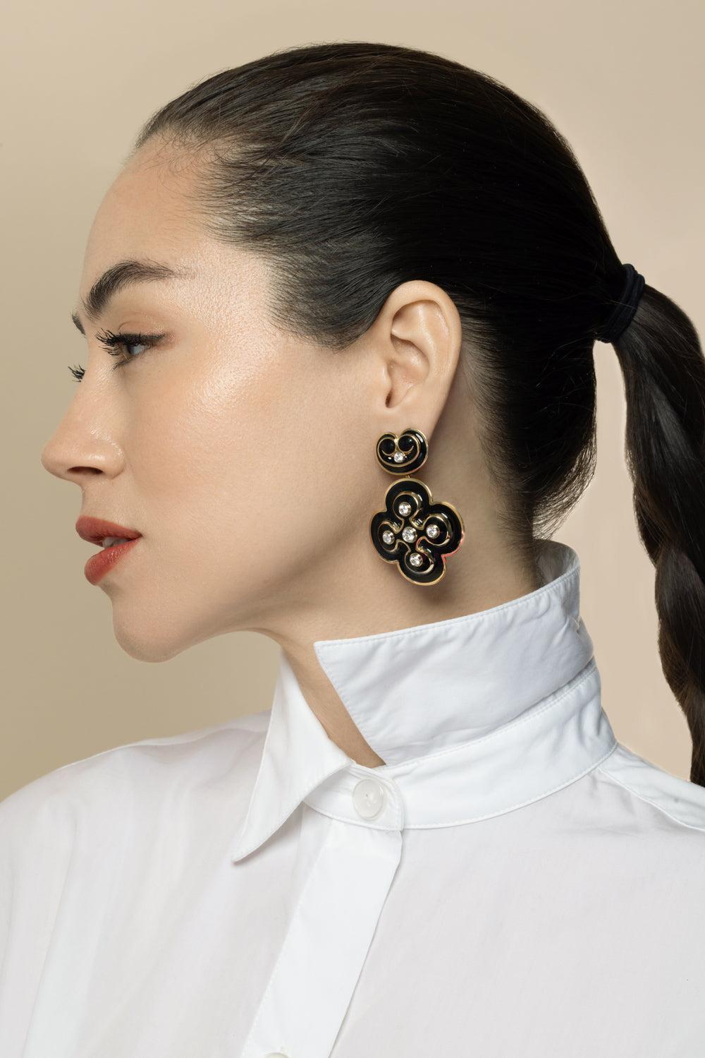 Diamond Black Quatrefoil Earrings-YELLOW GOLD-JEWELRYFINE JEWELEARRING-DAVID WEBB