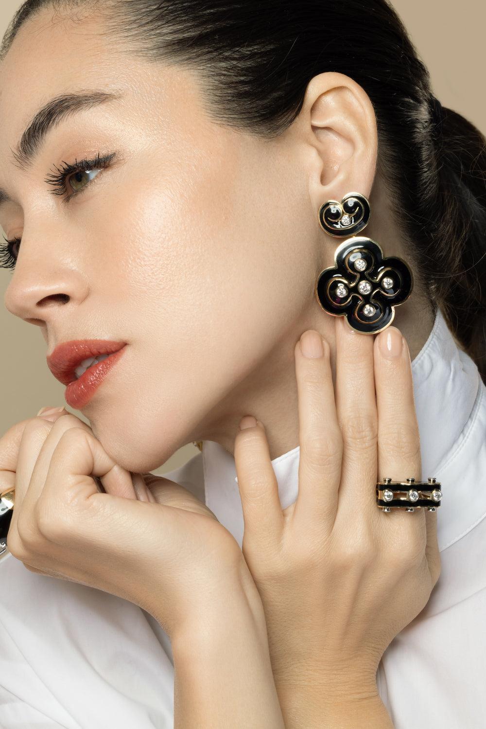 Diamond Black Quatrefoil Earrings-YELLOW GOLD-JEWELRYFINE JEWELEARRING-DAVID WEBB