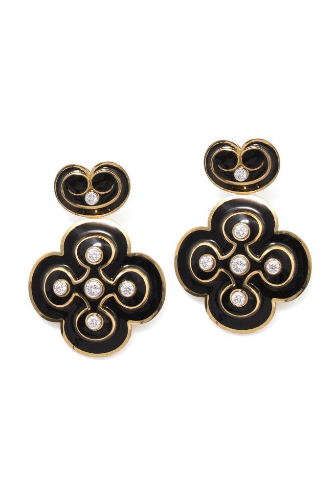 Diamond Black Quatrefoil Earrings-YELLOW GOLD-JEWELRYFINE JEWELEARRING-DAVID WEBB