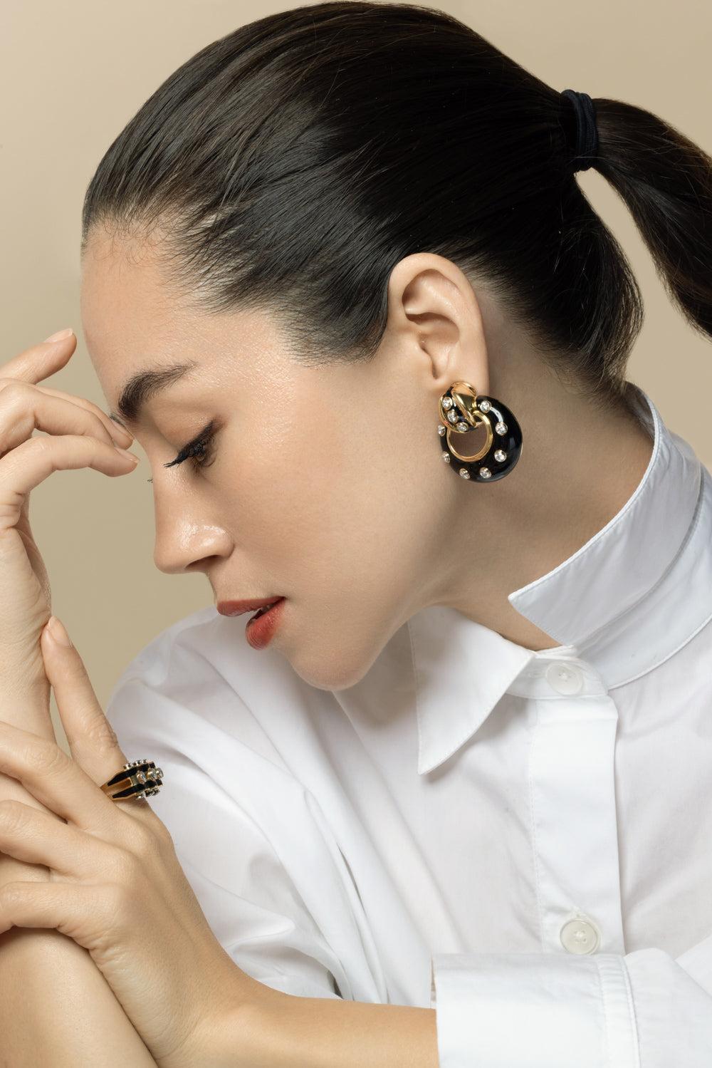 Diamond Black Stud Doorknocker Earrings-YELLOW GOLD-JEWELRYFINE JEWELEARRING-DAVID WEBB