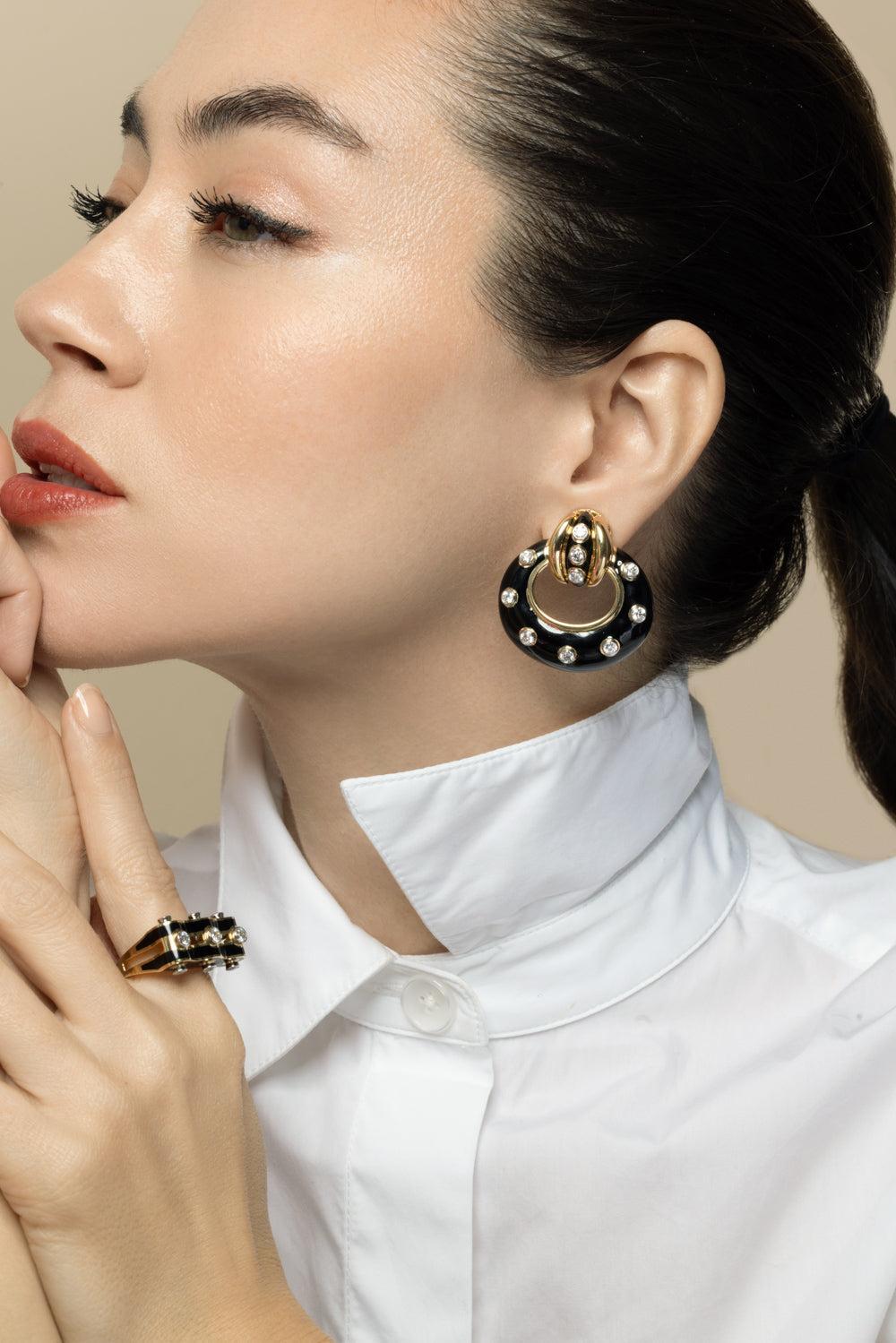 Diamond Black Stud Doorknocker Earrings-YELLOW GOLD-JEWELRYFINE JEWELEARRING-DAVID WEBB