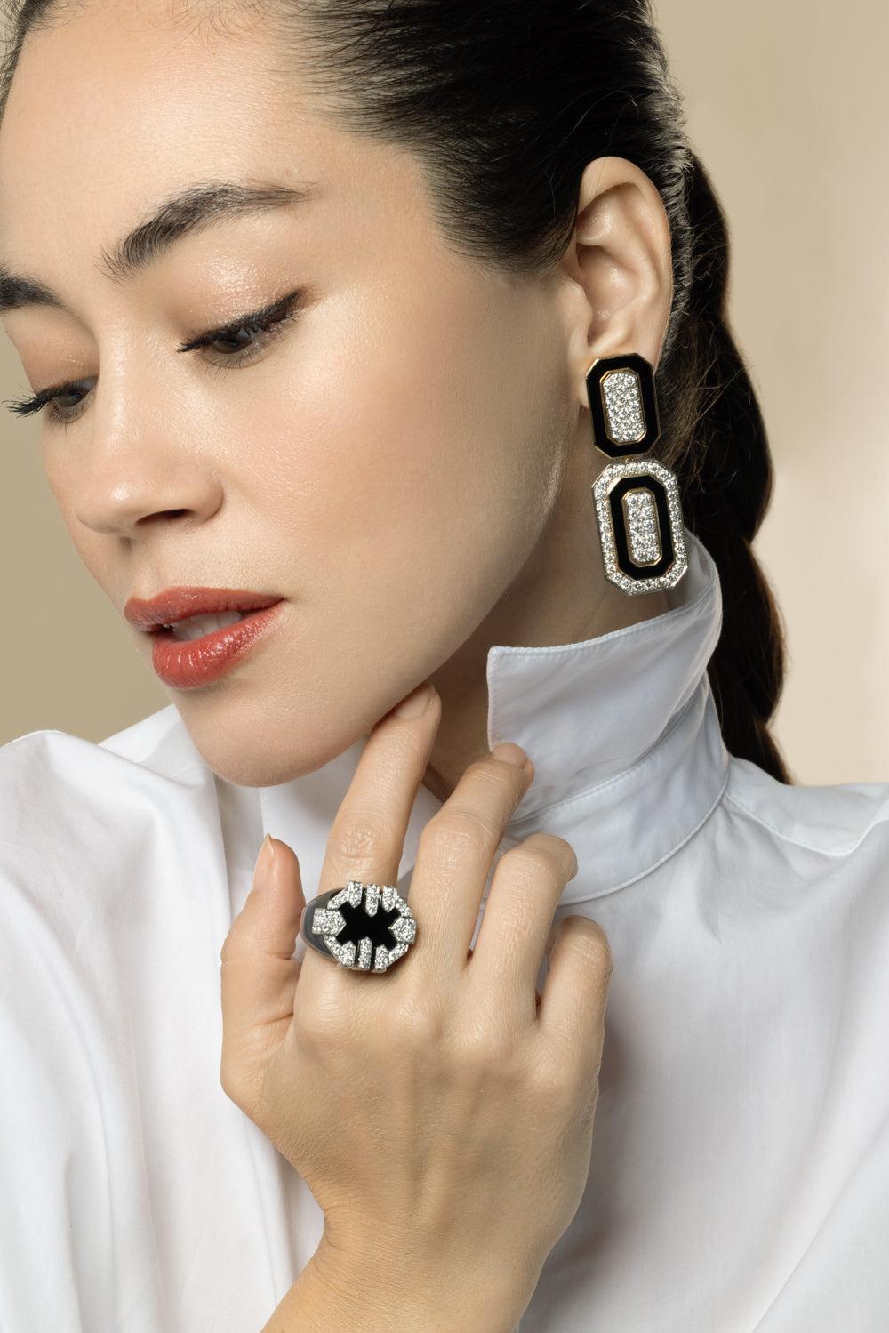 Diamond Black Tuxedo Earrings-YELLOW GOLD-JEWELRYFINE JEWELEARRING-DAVID WEBB