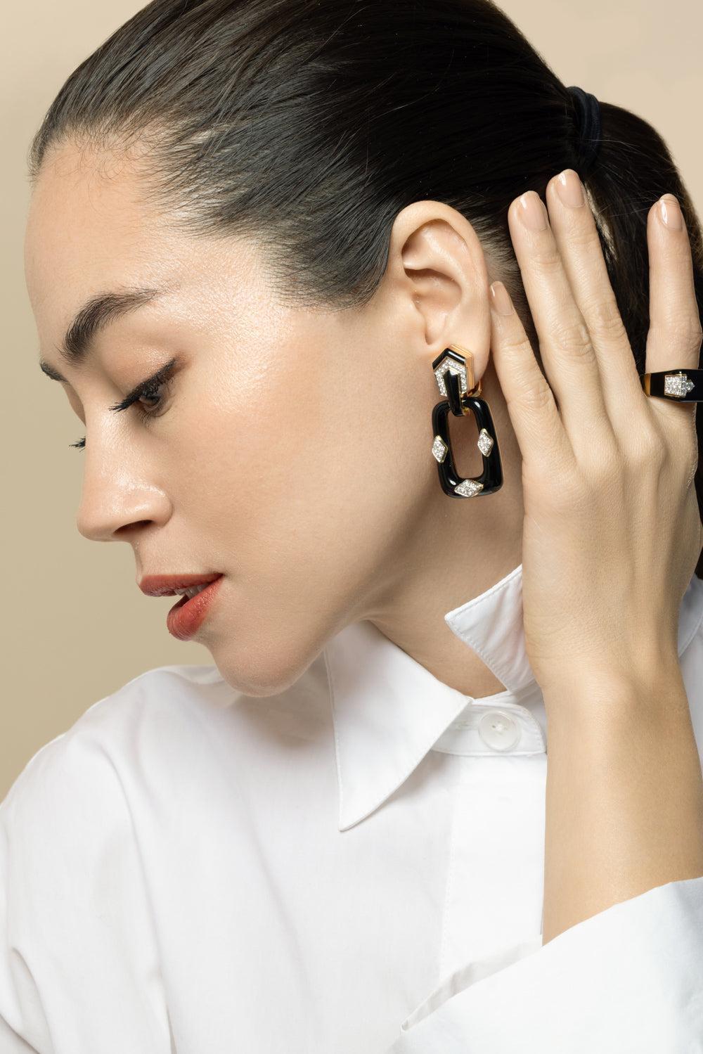 Diamond Rectangular Mini Hoop Earrings-YELLOW GOLD-JEWELRYFINE JEWELEARRING-DAVID WEBB