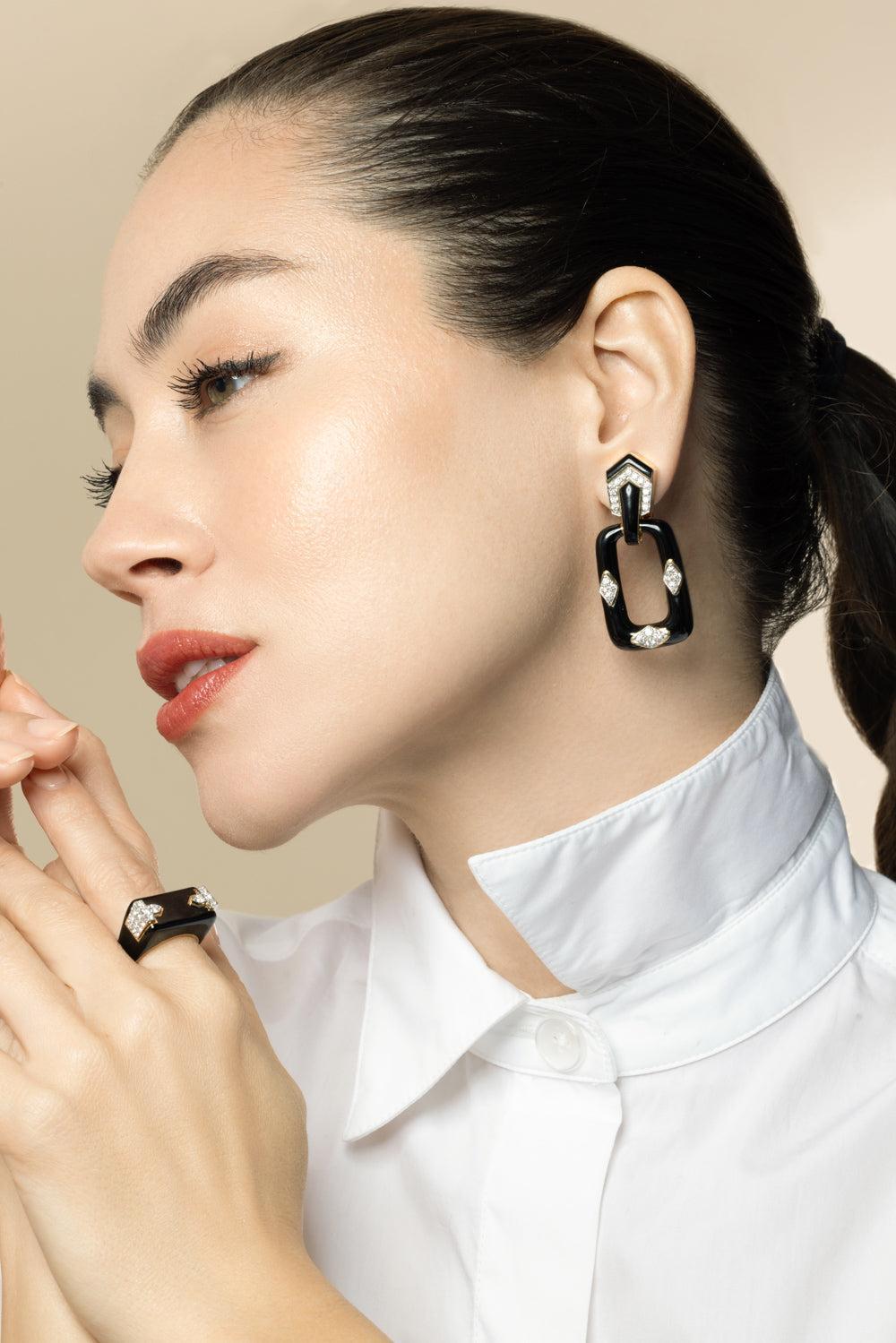 Diamond Rectangular Mini Hoop Earrings-YELLOW GOLD-JEWELRYFINE JEWELEARRING-DAVID WEBB