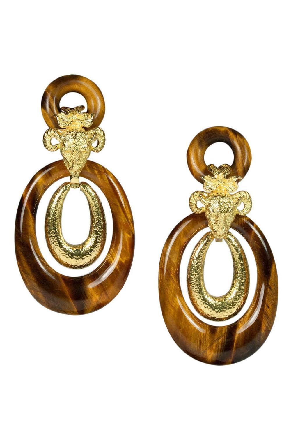 Diamond Tiger Head Ram Head Double Hoop Earrings-YELLOW GOLD-JEWELRYFINE JEWELEARRING-DAVID WEBB