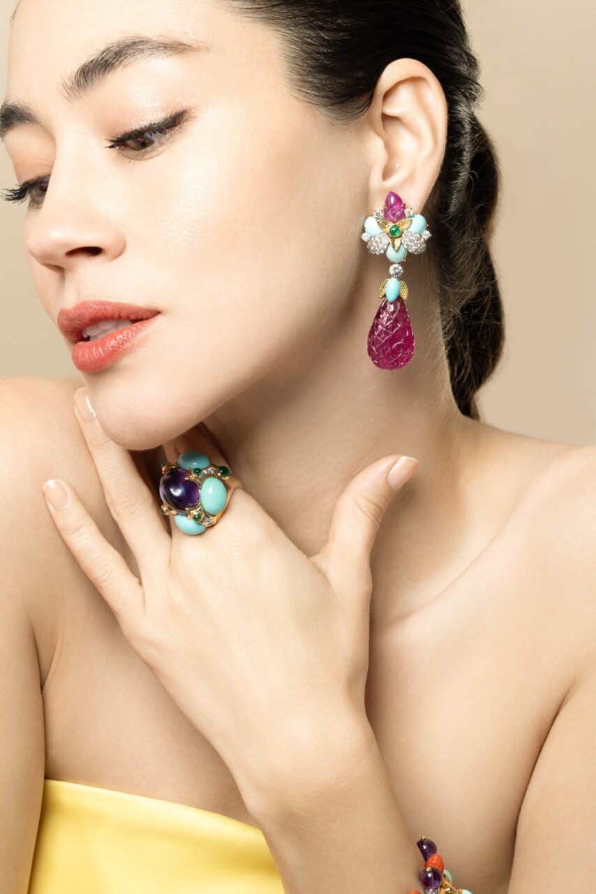 Diamond Turquoise Ruby Blossom Earrings-YELLOW GOLD-JEWELRYFINE JEWELEARRING-DAVID WEBB