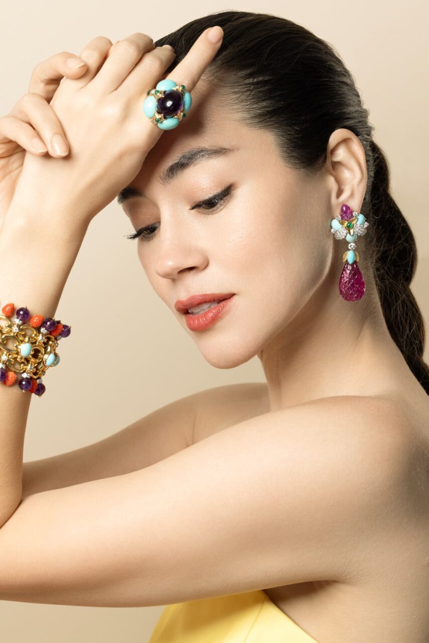 Diamond Turquoise Ruby Blossom Earrings-YELLOW GOLD-JEWELRYFINE JEWELEARRING-DAVID WEBB