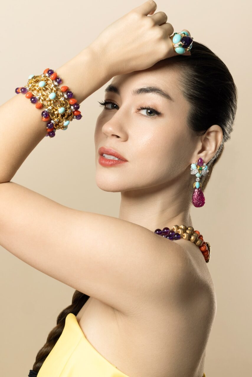 Diamond Turquoise Ruby Blossom Earrings-YELLOW GOLD-JEWELRYFINE JEWELEARRING-DAVID WEBB