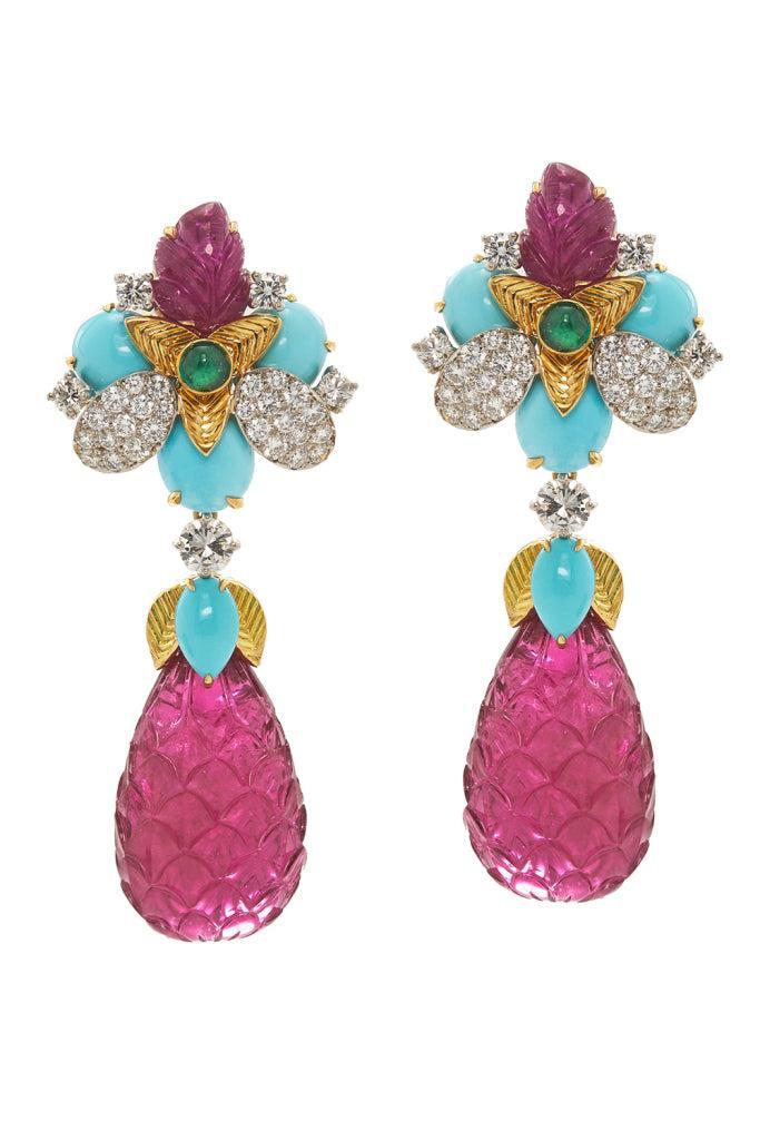 Diamond Turquoise Ruby Blossom Earrings-YELLOW GOLD-JEWELRYFINE JEWELEARRING-DAVID WEBB