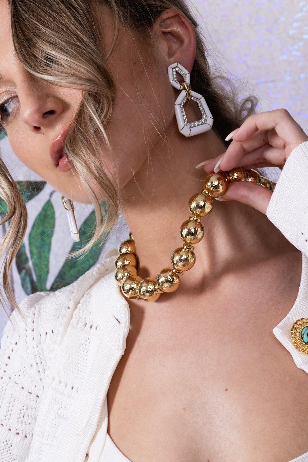 DAVID WEBB-White Enamel Diamond Bamboo Earrings-YELLOW GOLD