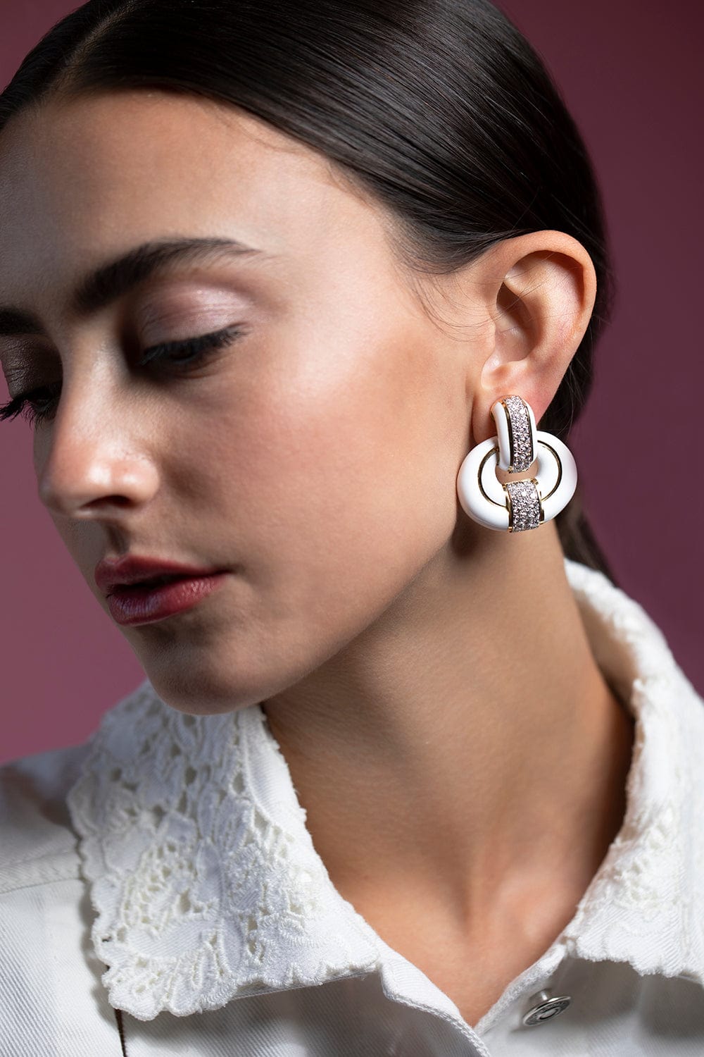 DAVID WEBB-Diamond White Enamel Doorknocker Earrings-YELLOW GOLD