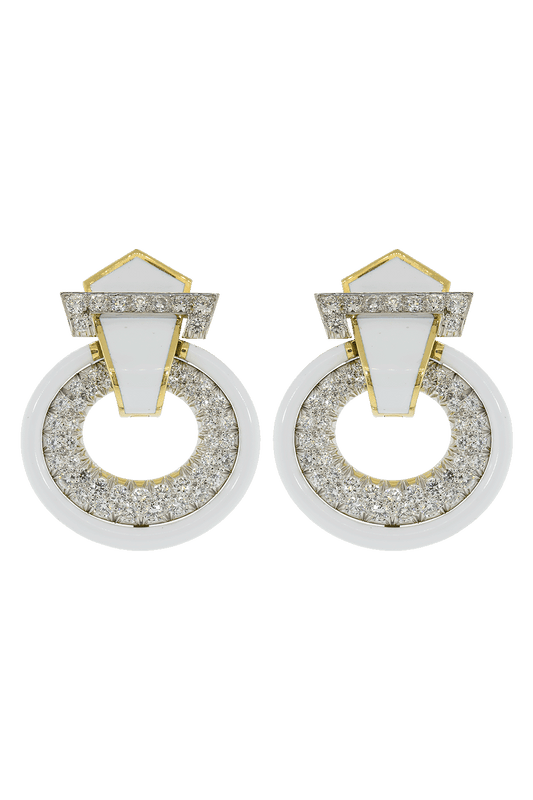 Diamond White Enamel Doorknocker Earrings-YELLOW GOLD-JEWELRYFINE JEWELEARRING-DAVID WEBB