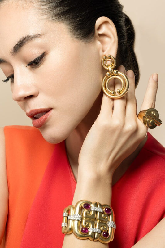 Dotted Hammered Doorknock Earrings-YELLOW GOLD-JEWELRYFINE JEWELEARRING-DAVID WEBB