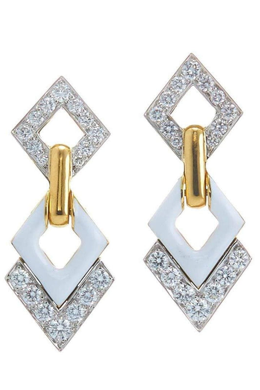 DAVID WEBB-Double Diamond White Enamel Earrings-YELLOW GOLD
