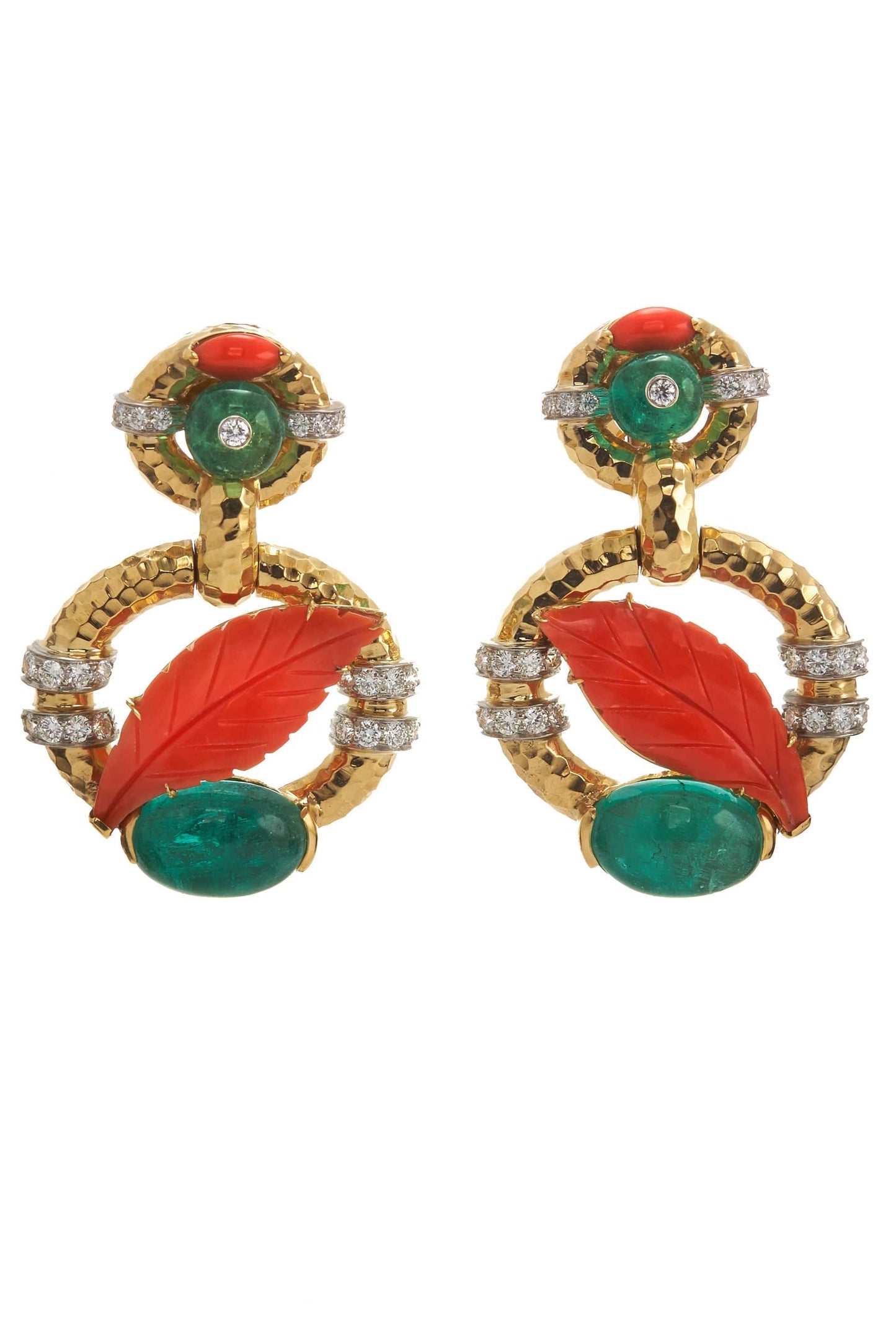 DAVID WEBB-Emerald and Coral Leaf Earrings-YELLOW GOLD