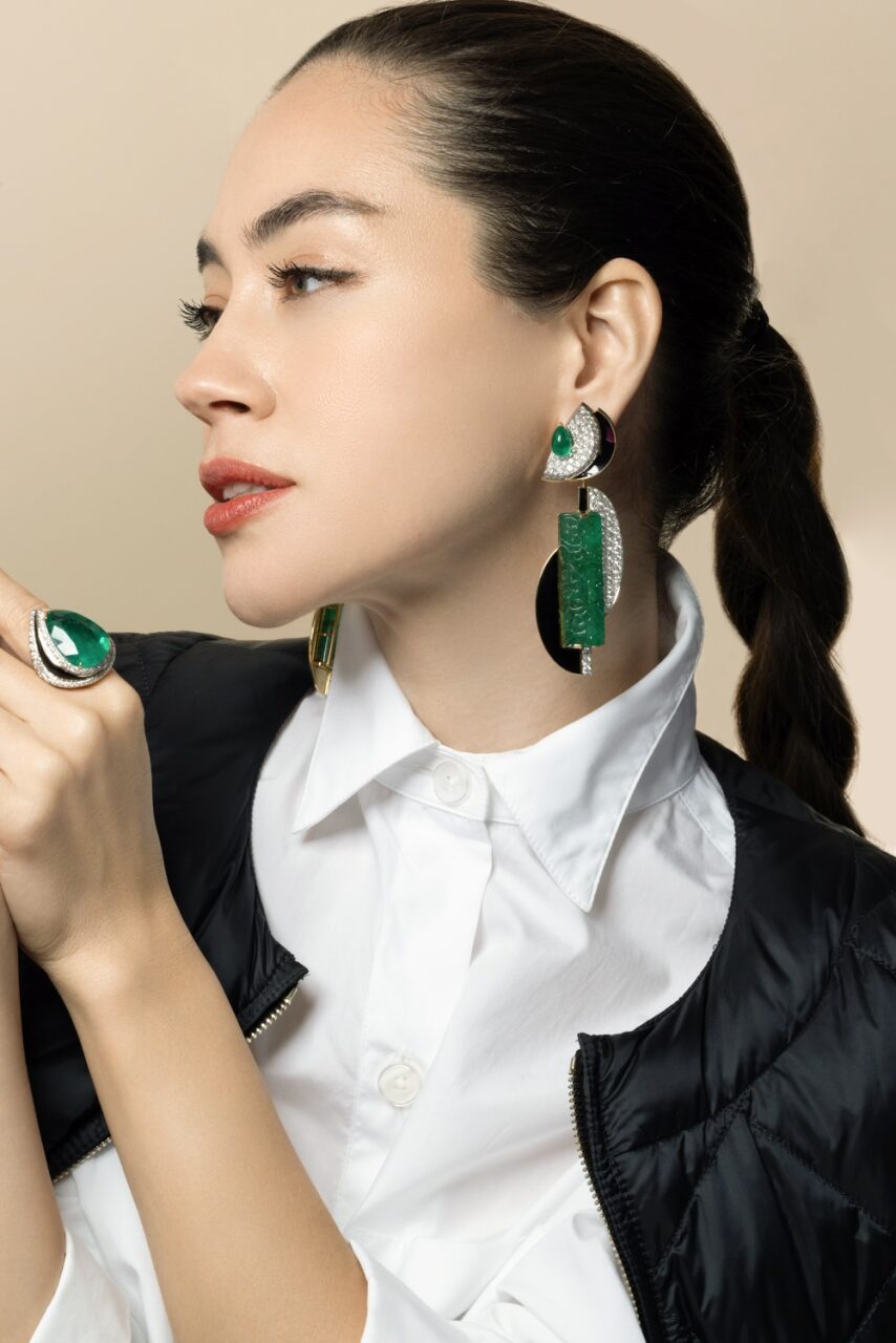 Emerald Diamond Black Couture Earrings-YELLOW GOLD-JEWELRYFINE JEWELEARRING-DAVID WEBB