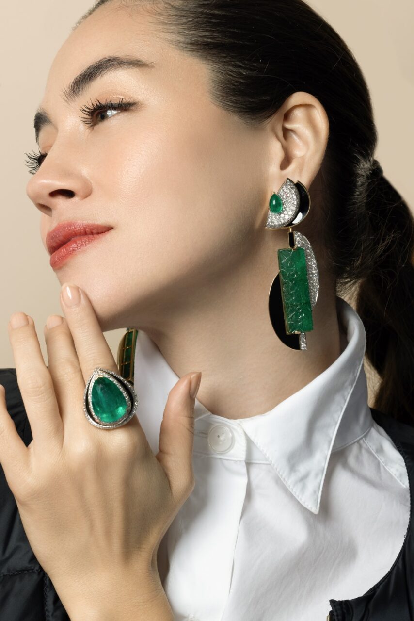 Emerald Diamond Black Couture Earrings-YELLOW GOLD-JEWELRYFINE JEWELEARRING-DAVID WEBB