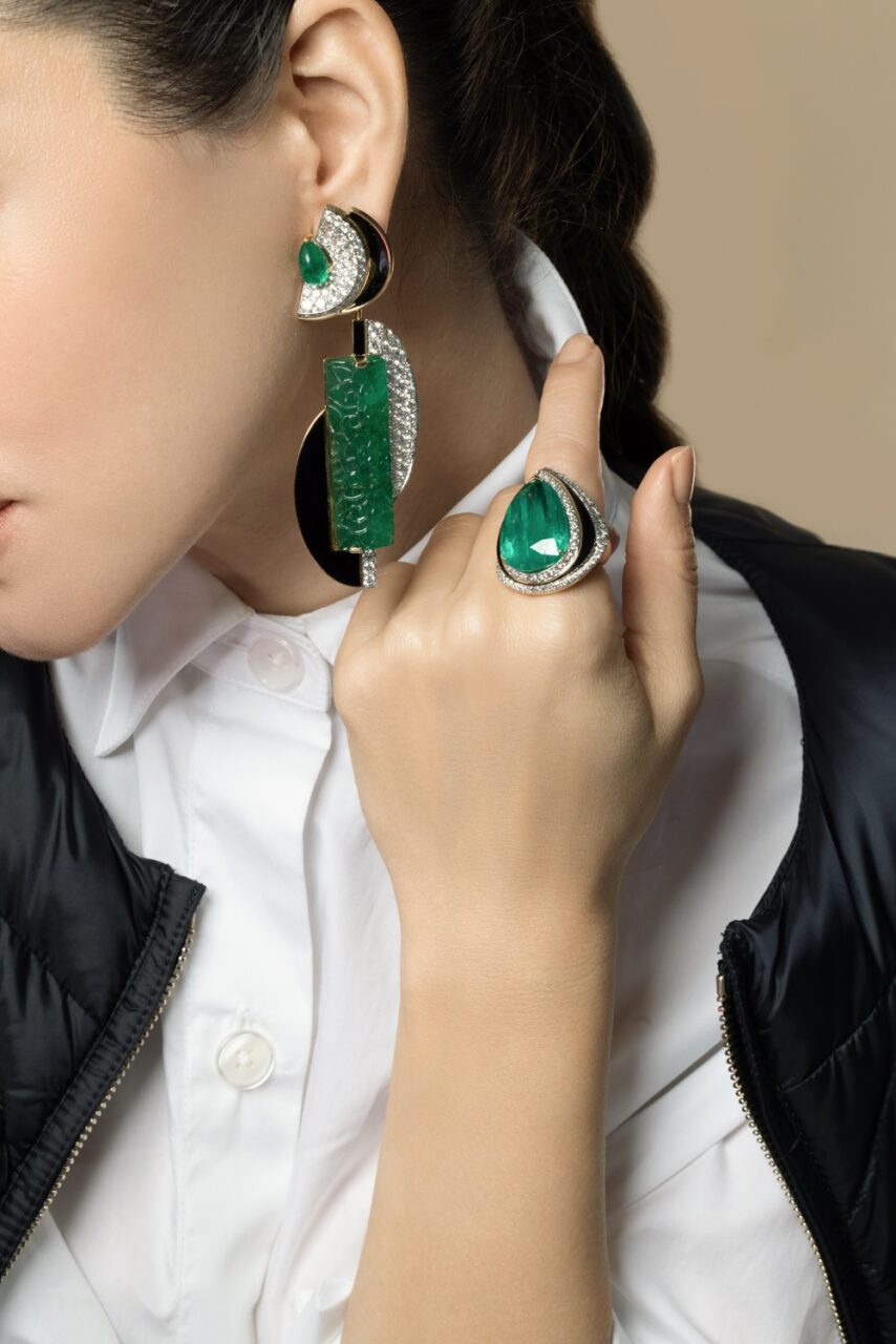 Emerald Diamond Black Couture Earrings-YELLOW GOLD-JEWELRYFINE JEWELEARRING-DAVID WEBB