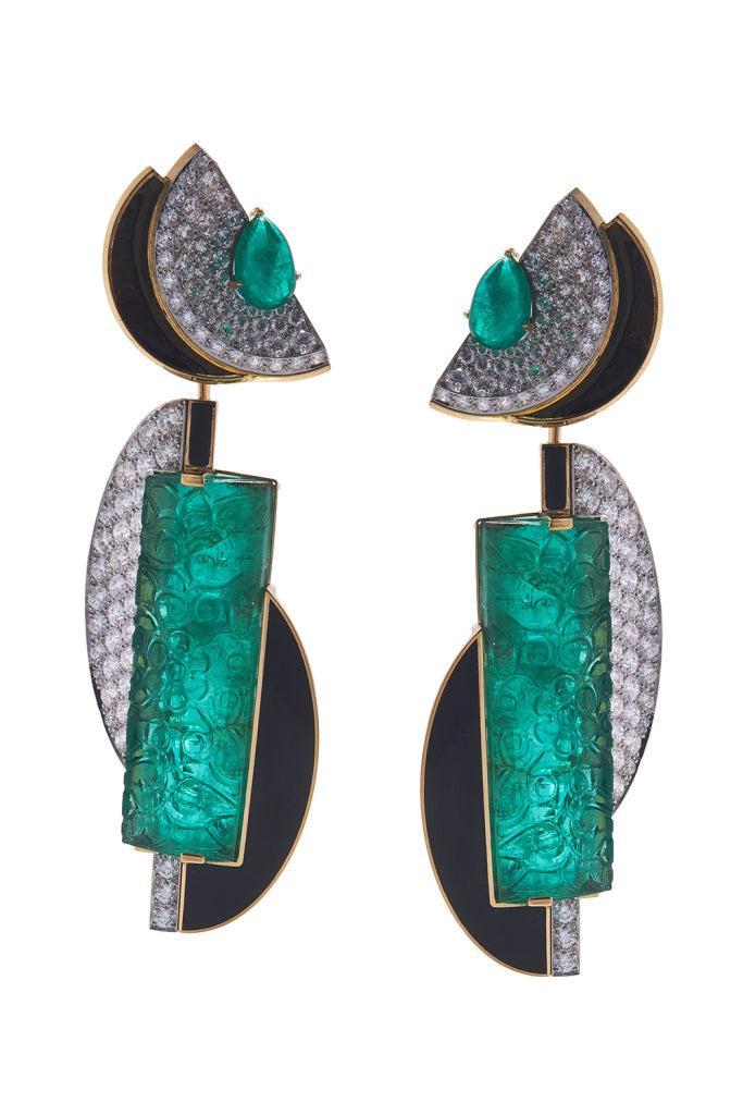 Emerald Diamond Black Couture Earrings-YELLOW GOLD-JEWELRYFINE JEWELEARRING-DAVID WEBB