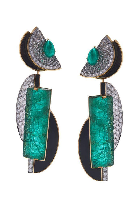 Emerald Diamond Black Couture Earrings-YELLOW GOLD-JEWELRYFINE JEWELEARRING-DAVID WEBB