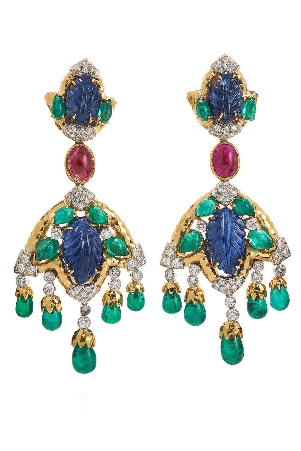 Emerald Sapphire Ruby Diamond Amazon Earrings-YELLOW GOLD-JEWELRYFINE JEWELEARRING-DAVID WEBB