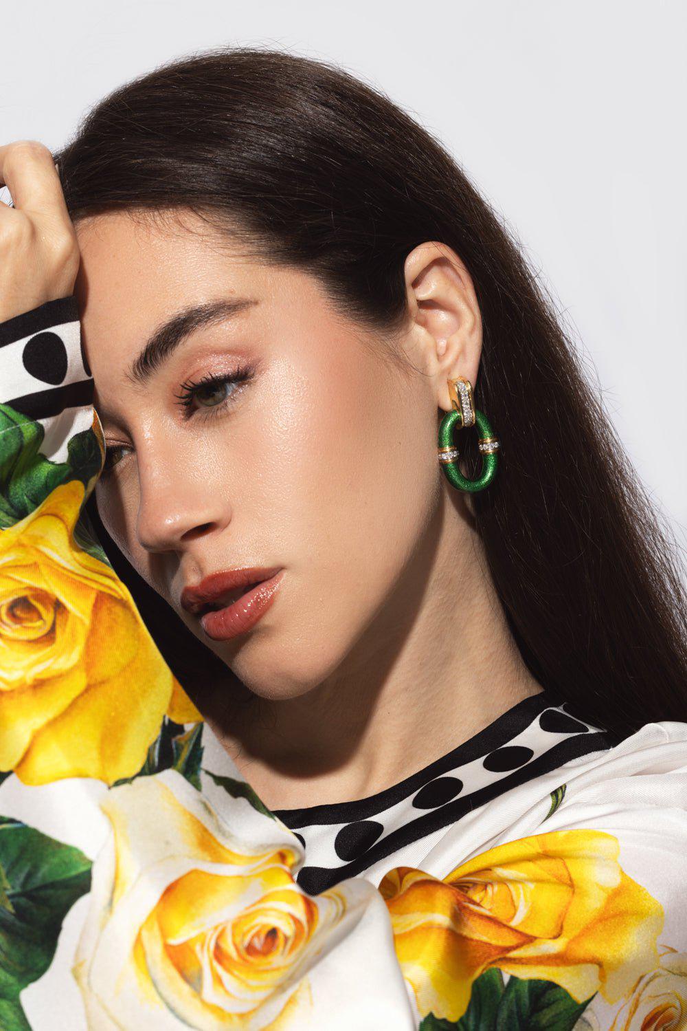 DAVID WEBB-Green Enamel Oval Link Earrings-YELLOW GOLD