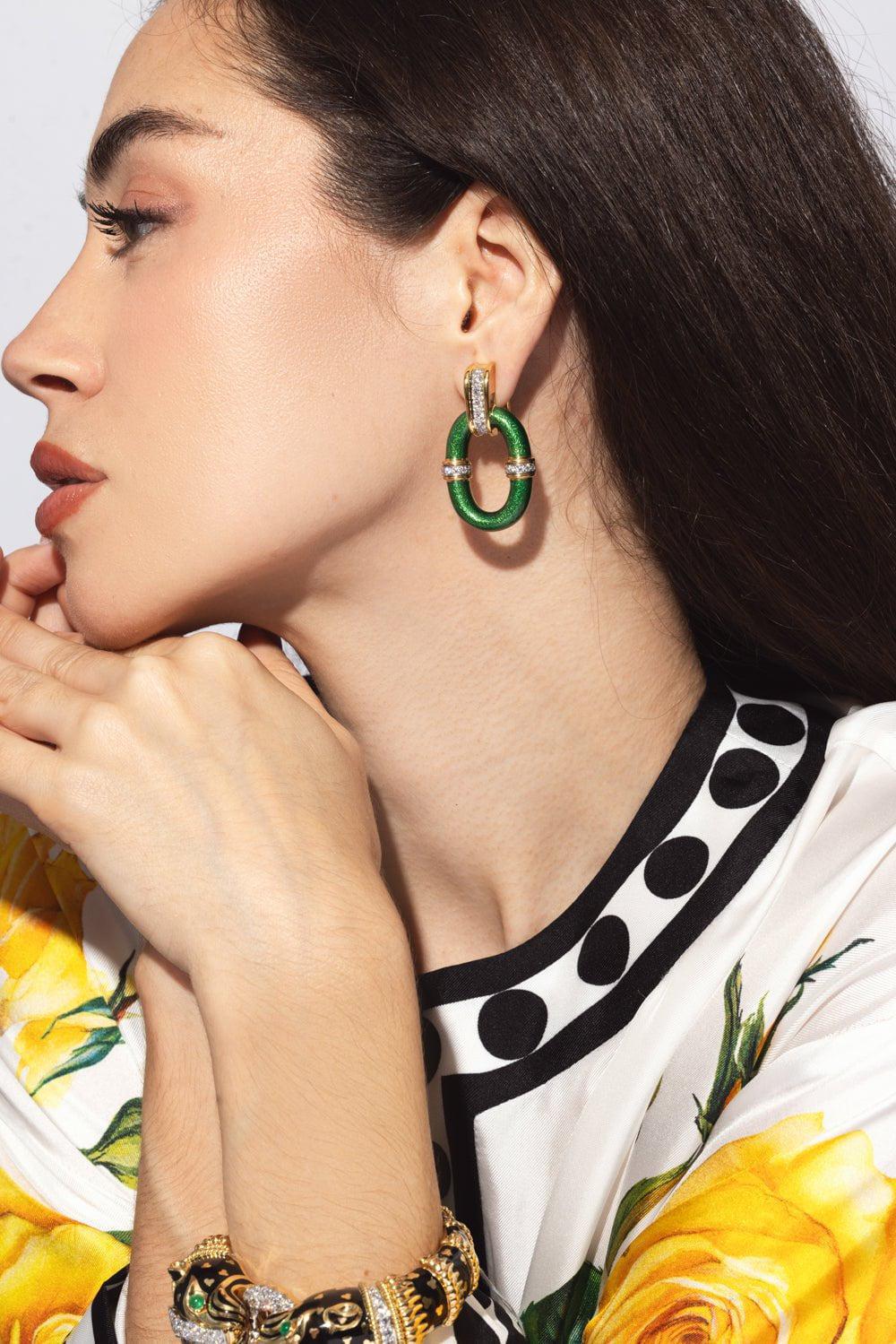 DAVID WEBB-Green Enamel Oval Link Earrings-YELLOW GOLD