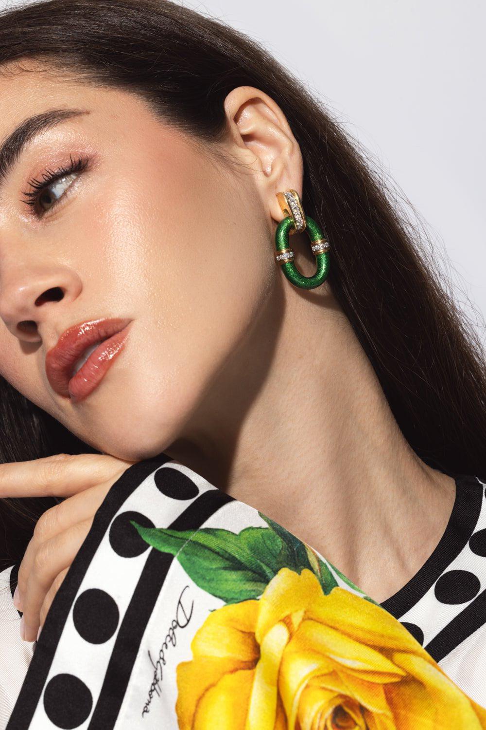 DAVID WEBB-Green Enamel Oval Link Earrings-YELLOW GOLD