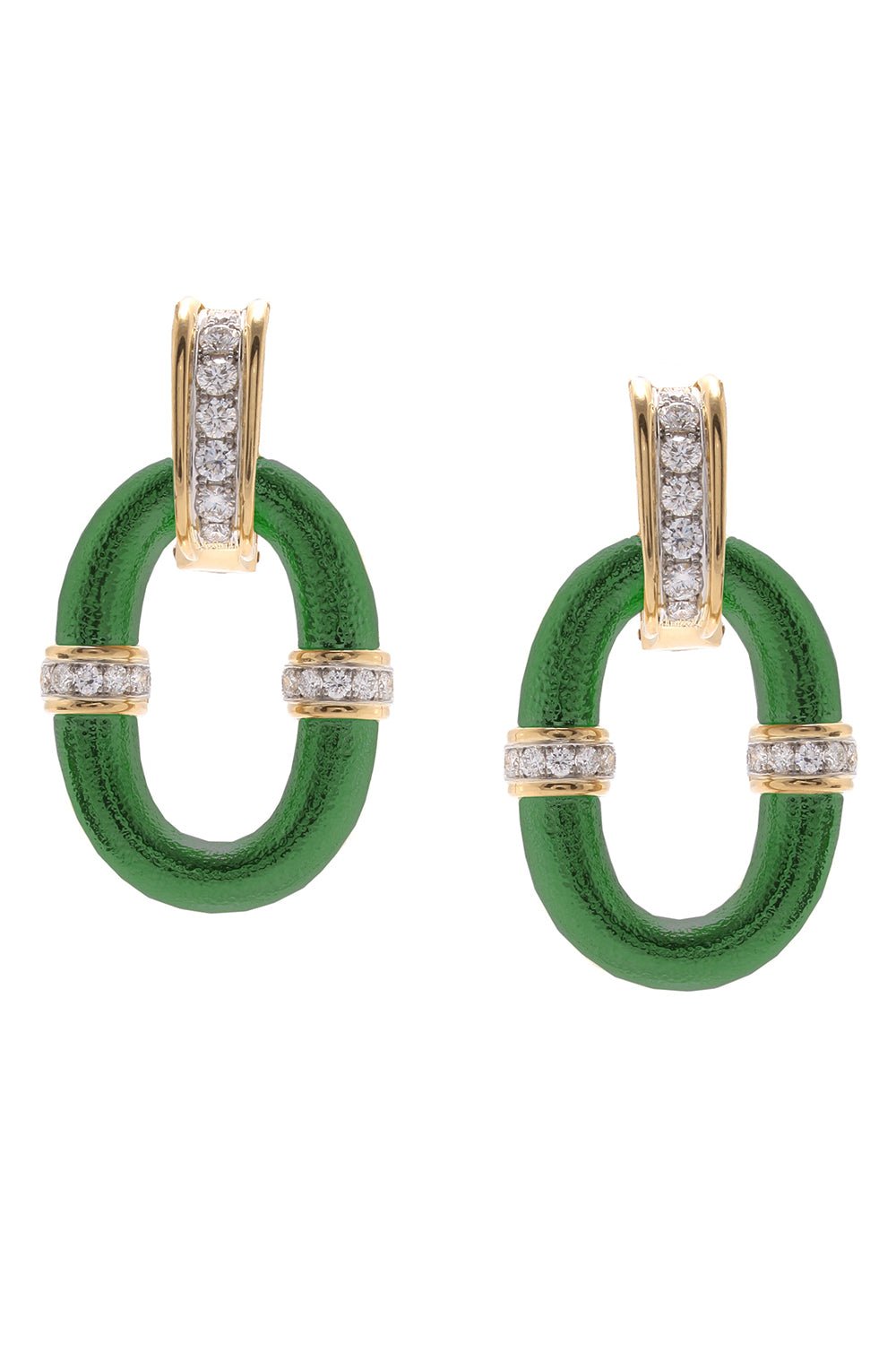 DAVID WEBB-Green Enamel Oval Link Earrings-YELLOW GOLD