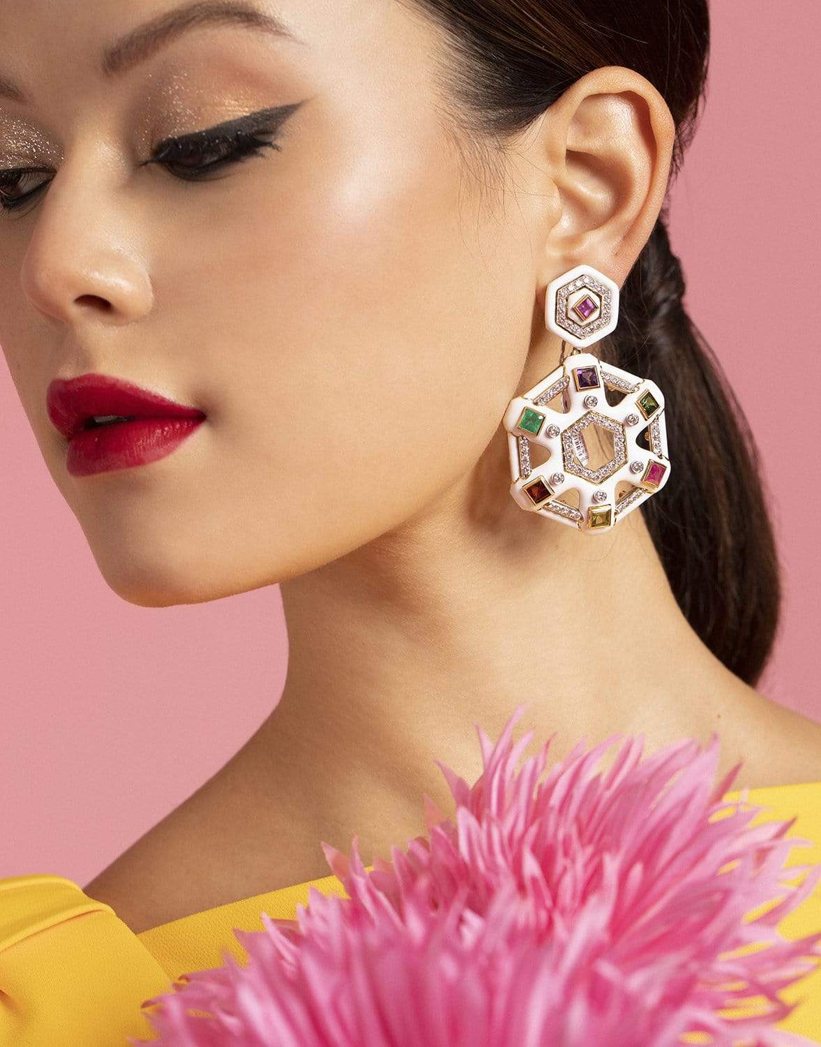 DAVID WEBB-Multi Gem Snowflake Earrings-YELLOW GOLD