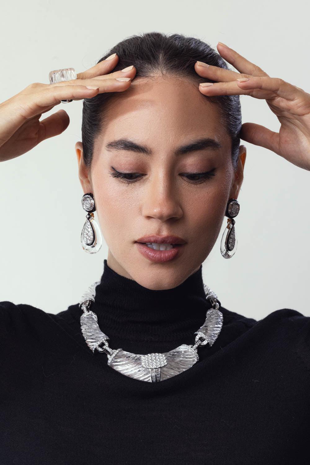 DAVID WEBB-Rock Crystal Black Martini Earrings-YELLOW GOLD