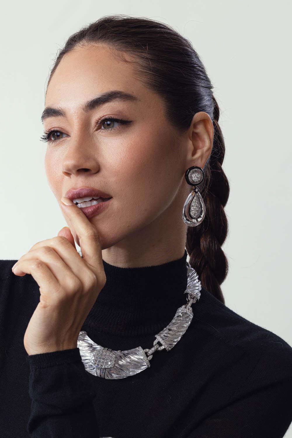 DAVID WEBB-Rock Crystal Black Martini Earrings-YELLOW GOLD