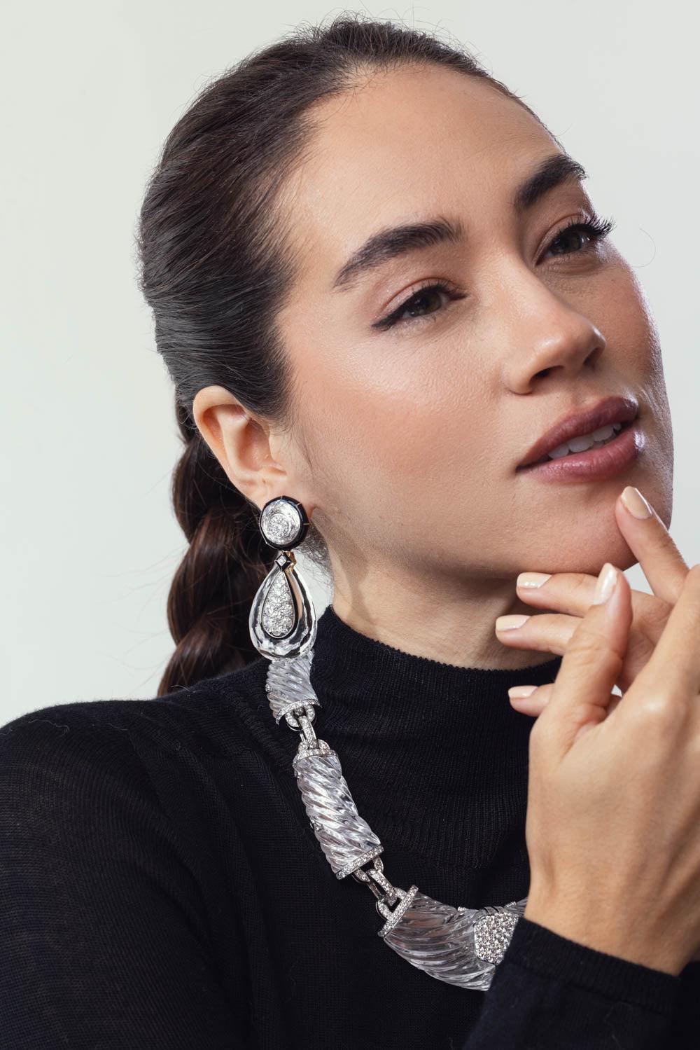 DAVID WEBB-Rock Crystal Black Martini Earrings-YELLOW GOLD