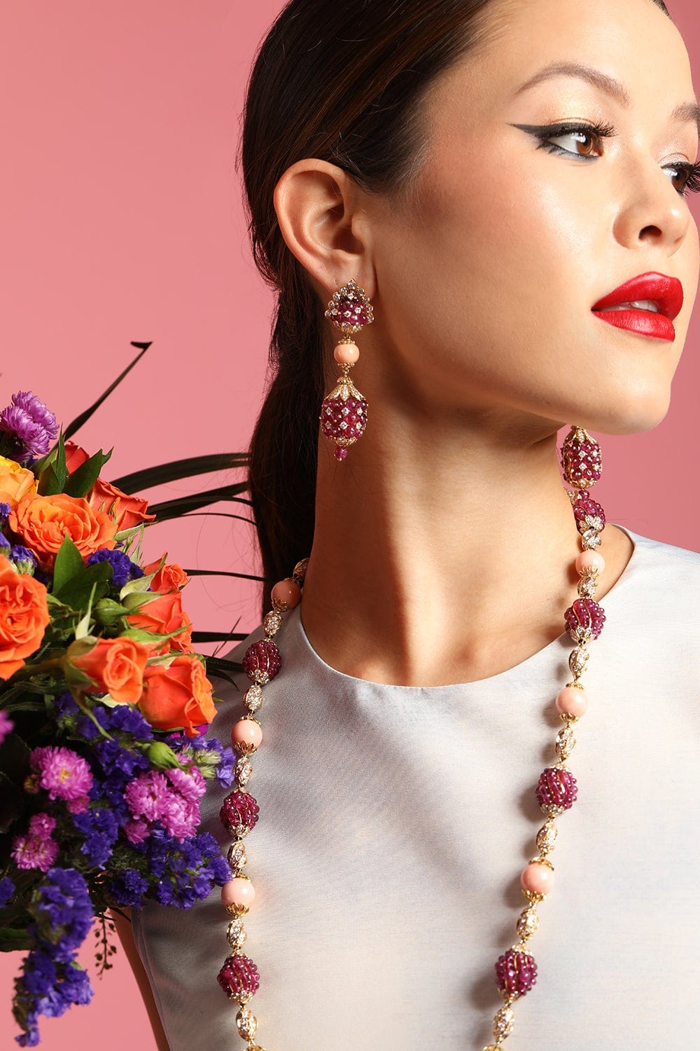DAVID WEBB-Ruby and Coral Bead Diamond Earrings-YELLOW GOLD