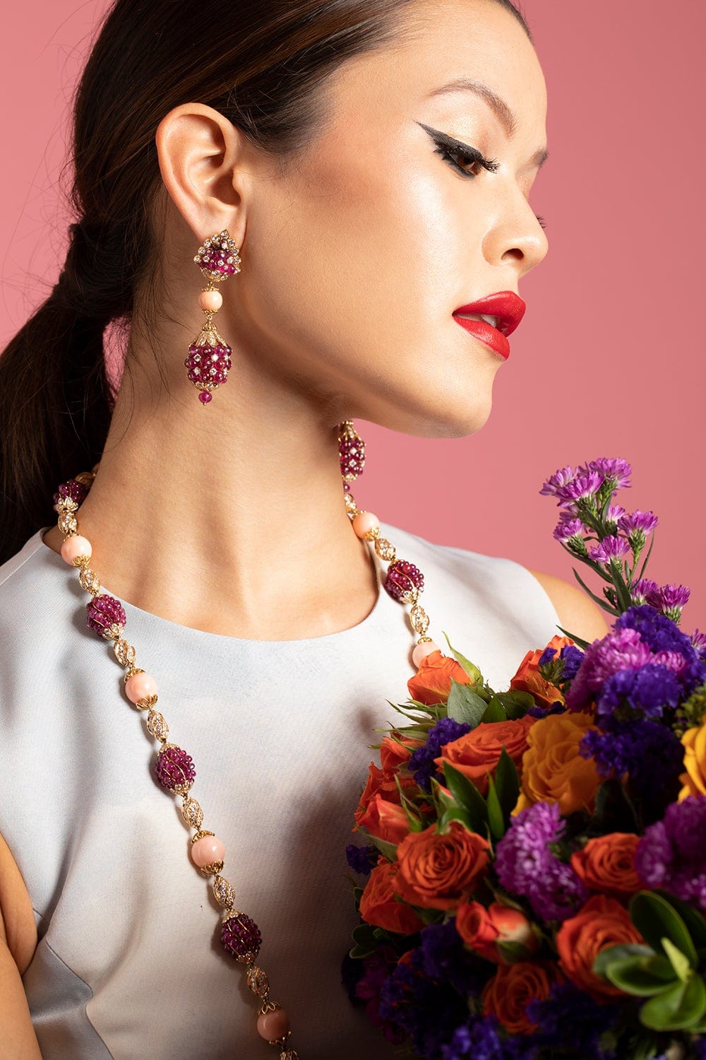 DAVID WEBB-Ruby and Coral Bead Diamond Earrings-YELLOW GOLD
