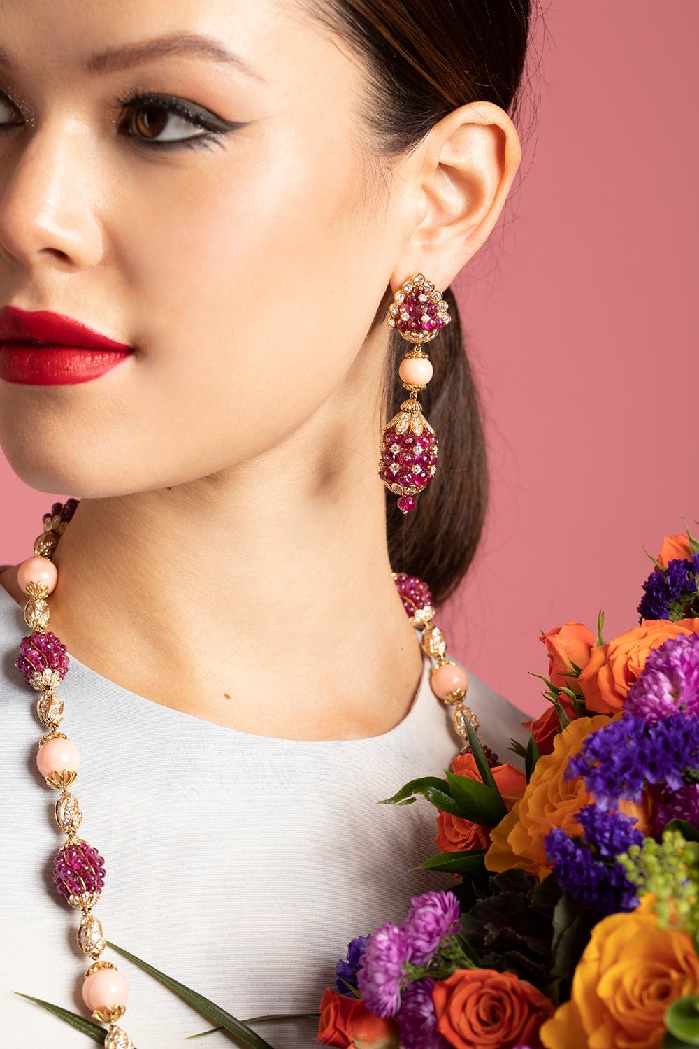 DAVID WEBB-Ruby and Coral Bead Diamond Earrings-YELLOW GOLD