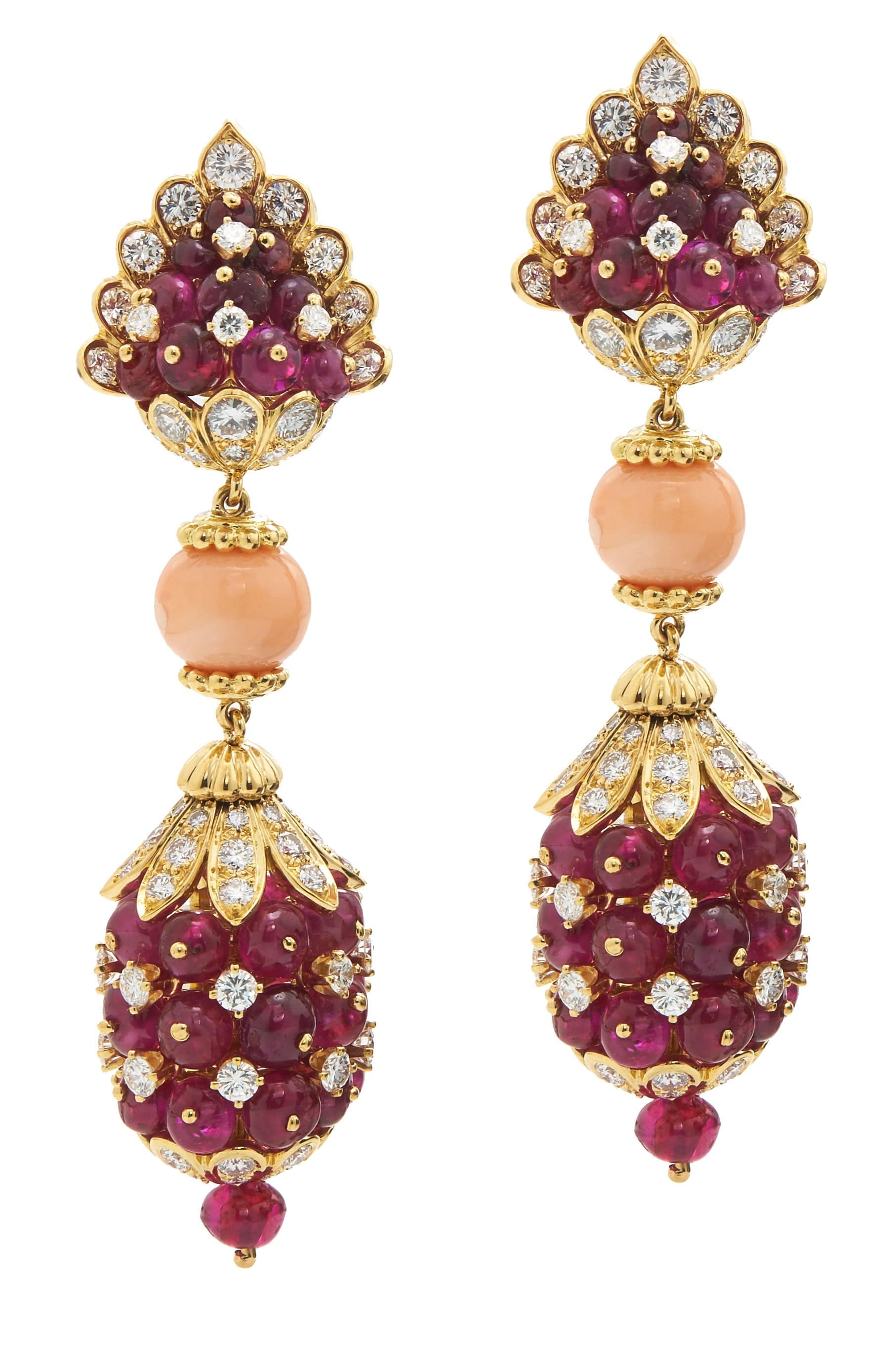 DAVID WEBB-Ruby and Coral Bead Diamond Earrings-YELLOW GOLD