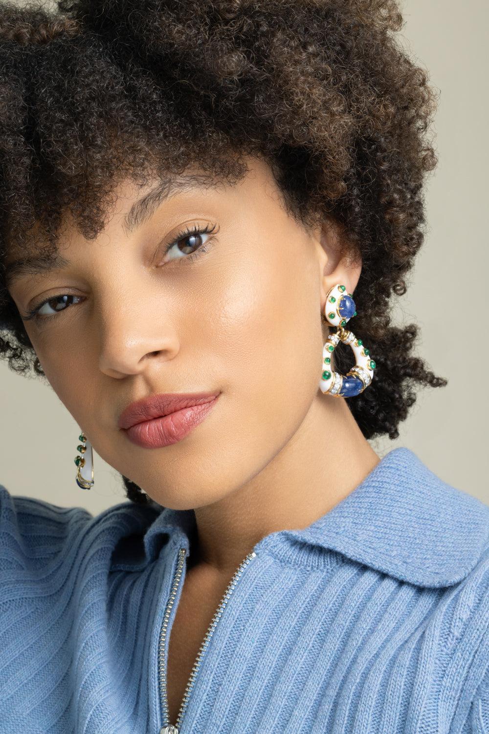 Sapphire Emerald Stud Hoop Earrings-YELLOW GOLD-JEWELRYFINE JEWELEARRING-DAVID WEBB