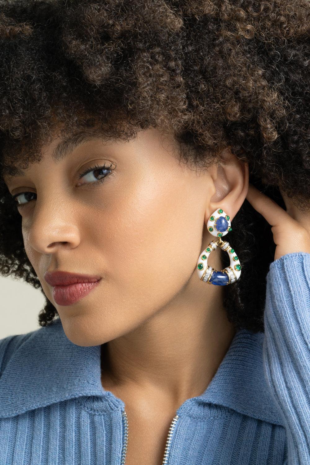 Sapphire Emerald Stud Hoop Earrings-YELLOW GOLD-JEWELRYFINE JEWELEARRING-DAVID WEBB